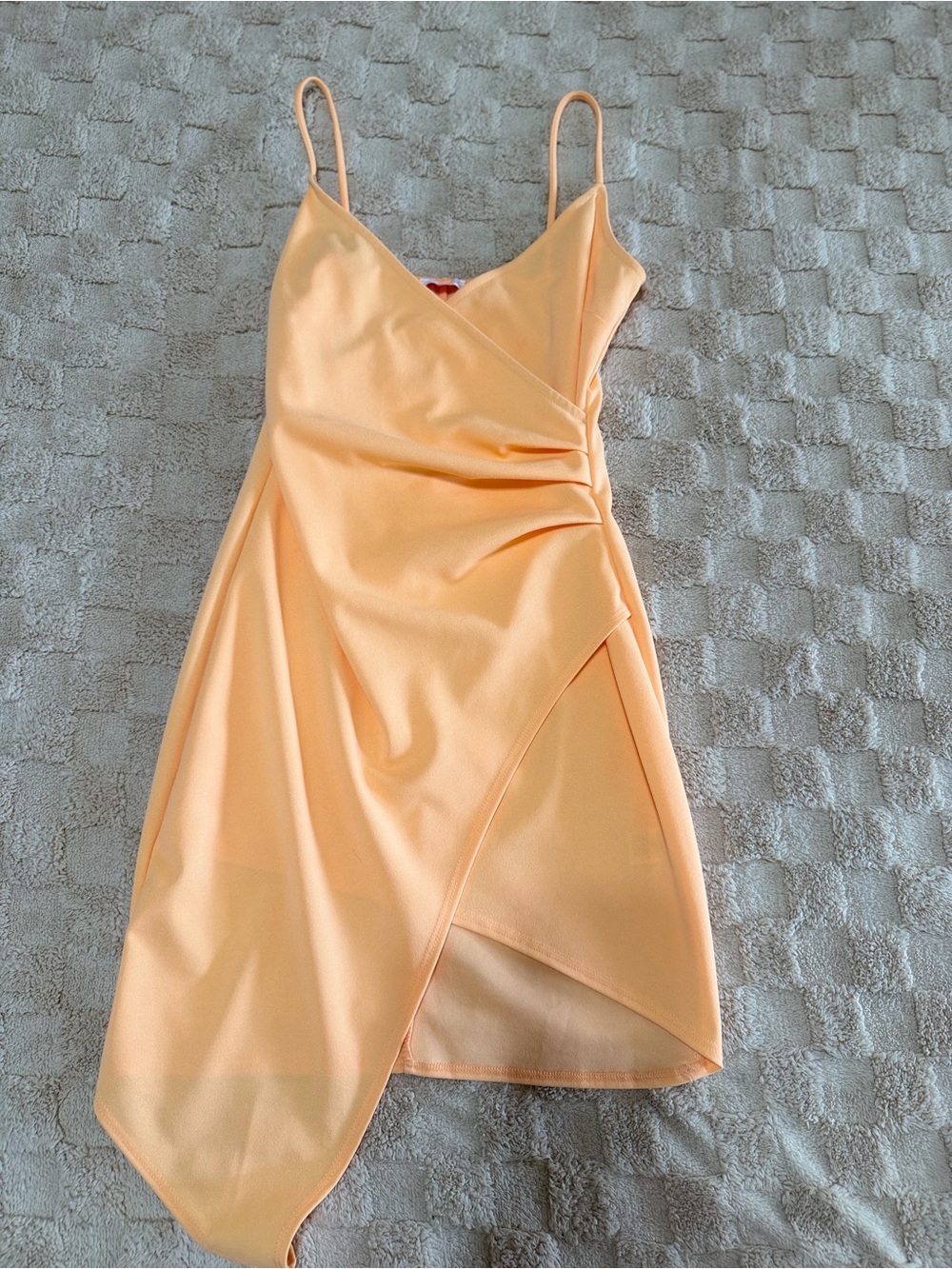 Pink Lily Medium Peach Orange Asymmetrical Wrap Mini Dress Ruched Bodycon